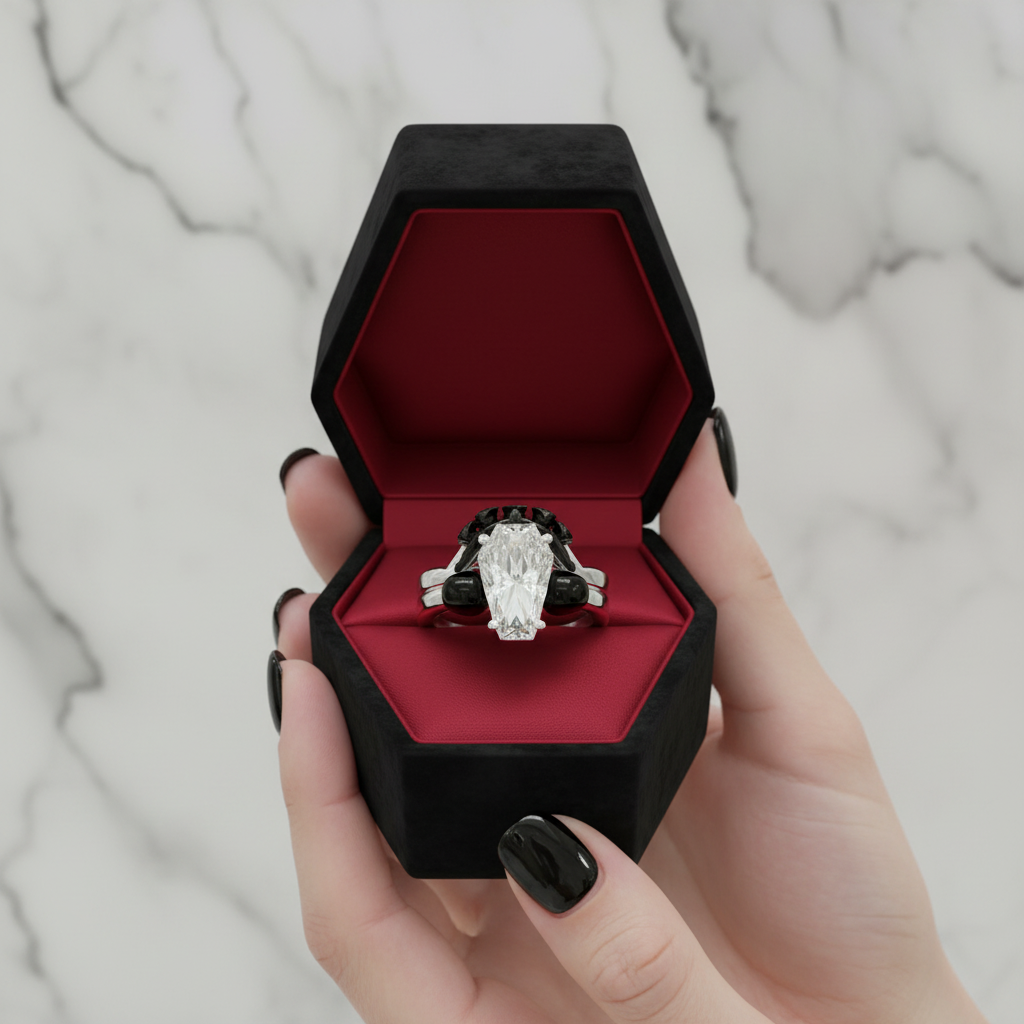 My Ever After Ring with Coffin Cut Diamond Option with Skulls, Bat and Roses Promise Ring