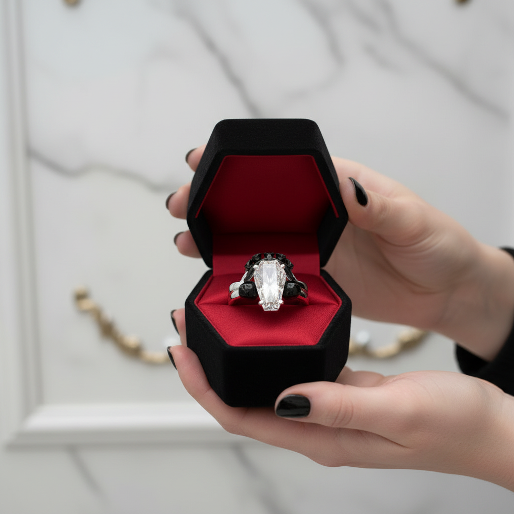 My Ever After Ring - Coffin Cut Diamond Option with Skulls, Bat and Roses Promise Ring