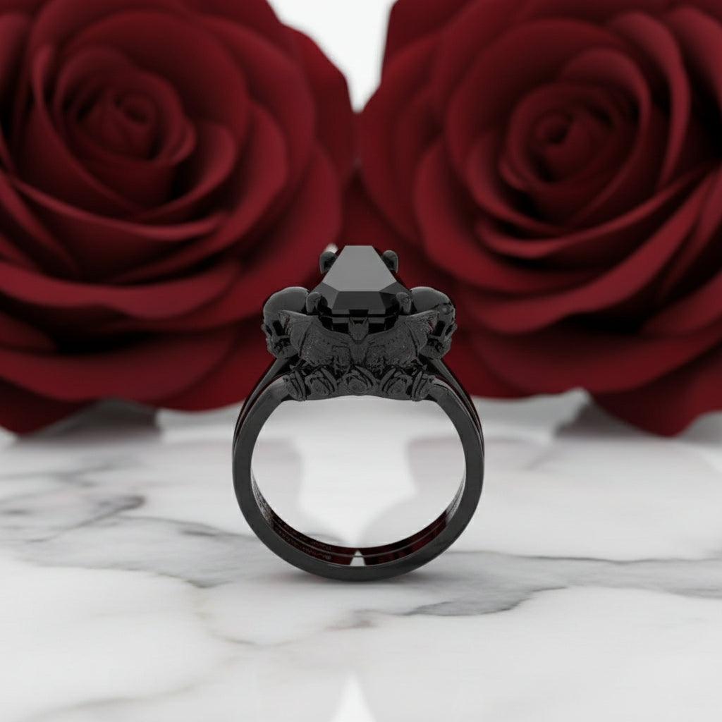 My Ever After Ring - Coffin Cut Diamond Option with Skulls, Bat and Roses Promise Ring