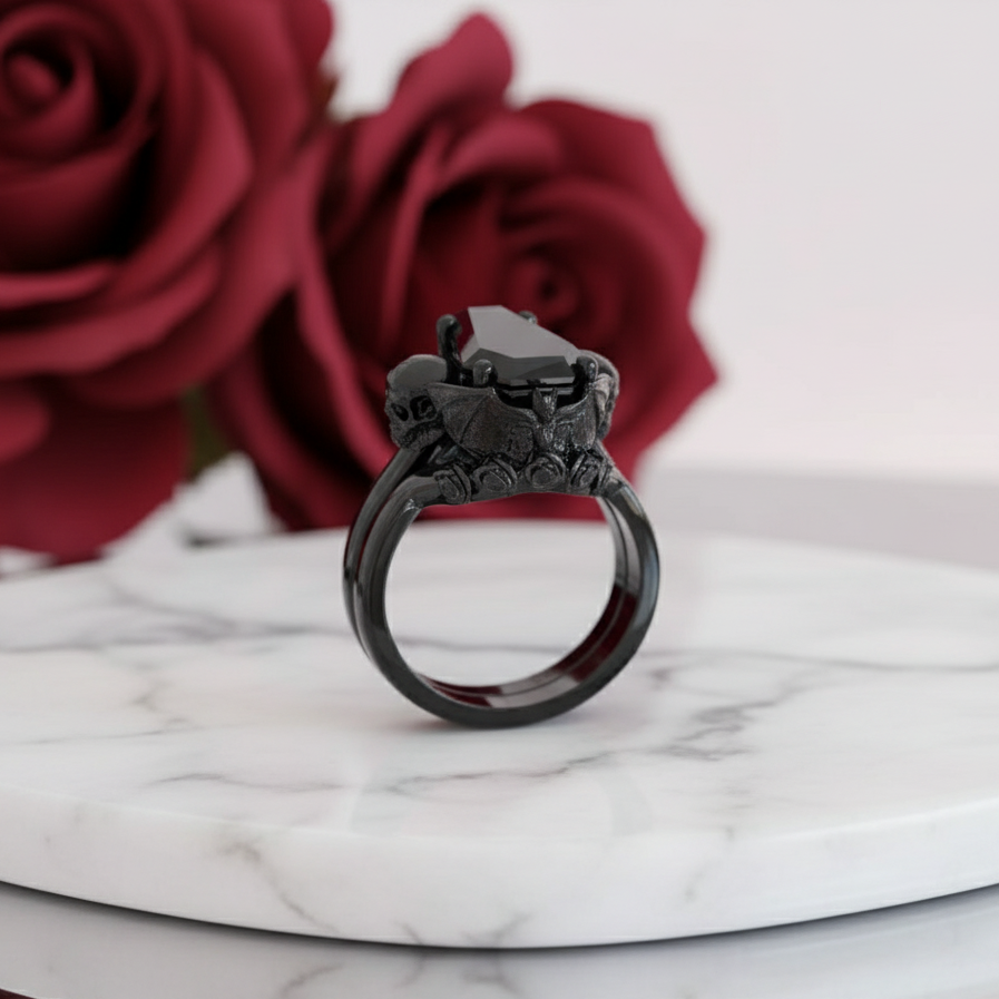 My Ever After Ring - Coffin Cut Diamond Option with Skulls, Bat and Roses Promise Ring