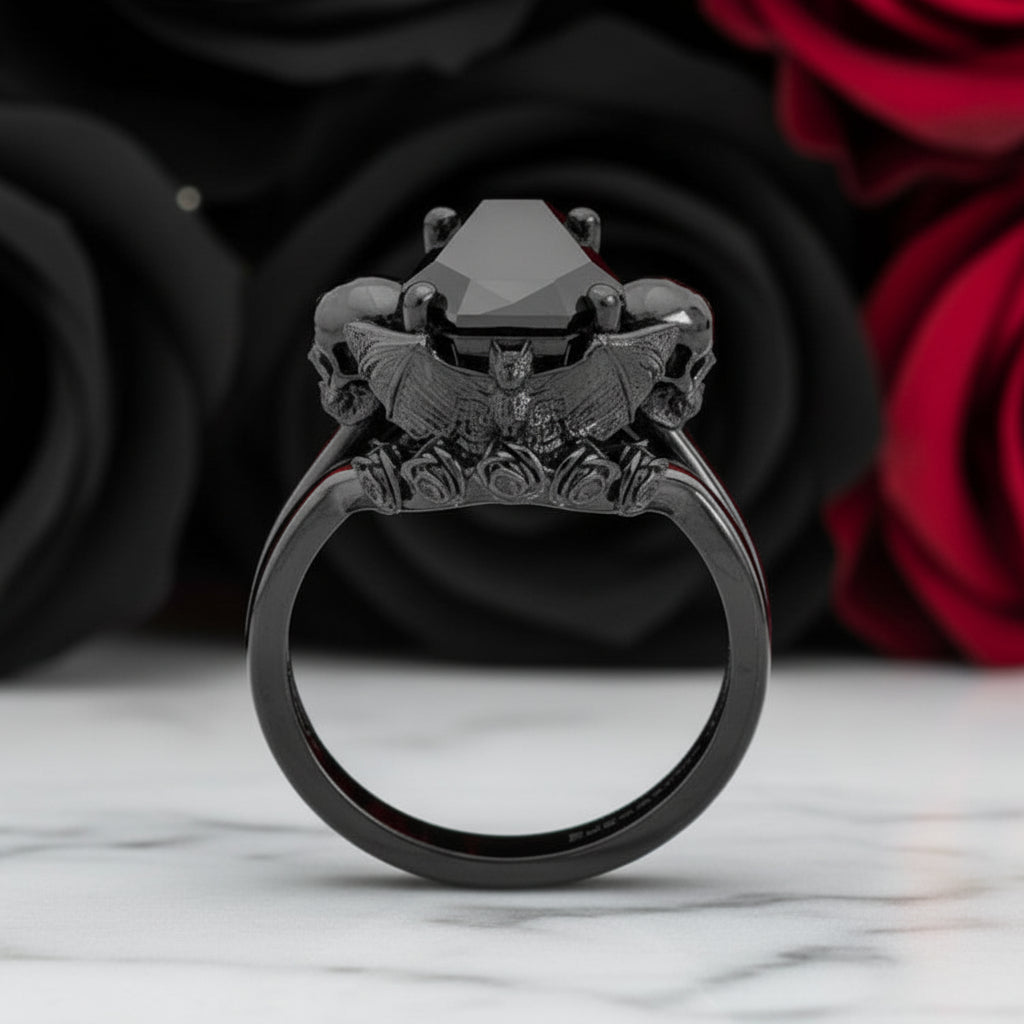 My Ever After Ring - Coffin Cut Diamond Option with Skulls, Bat and Roses Promise Ring
