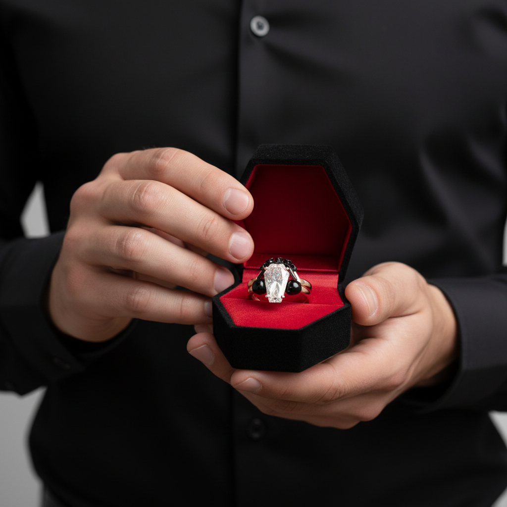 My Ever After Ring - Coffin Cut Diamond Option with Skulls, Bat and Roses Promise Ring