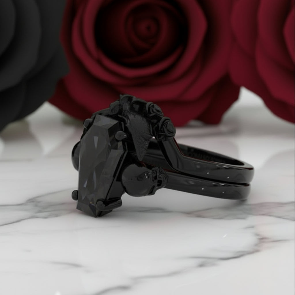 My Ever After Ring - Coffin Cut Diamond Option with Skulls, Bat and Roses Promise Ring