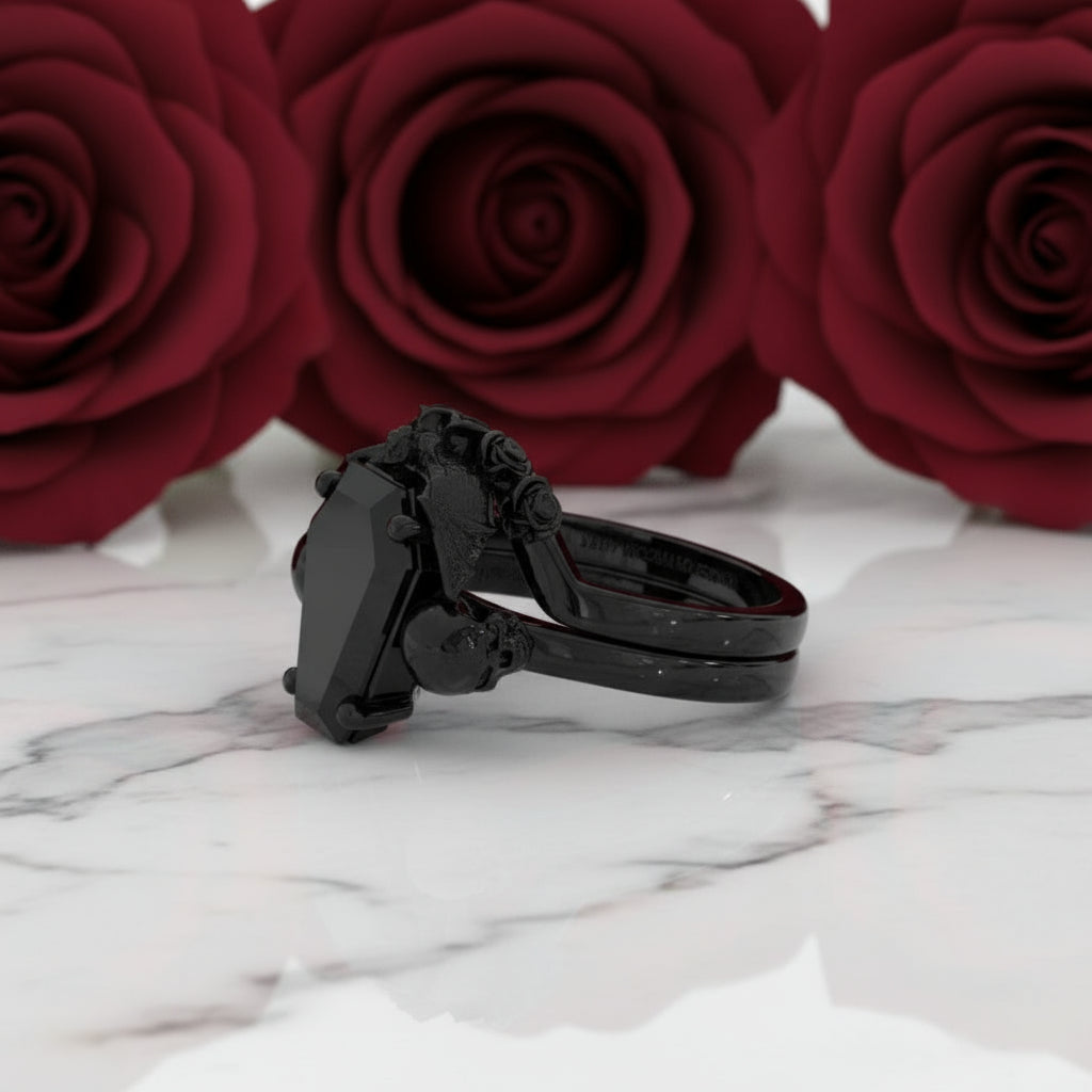 My Ever After Ring - Coffin Cut Diamond Option with Skulls, Bat and Roses Promise Ring
