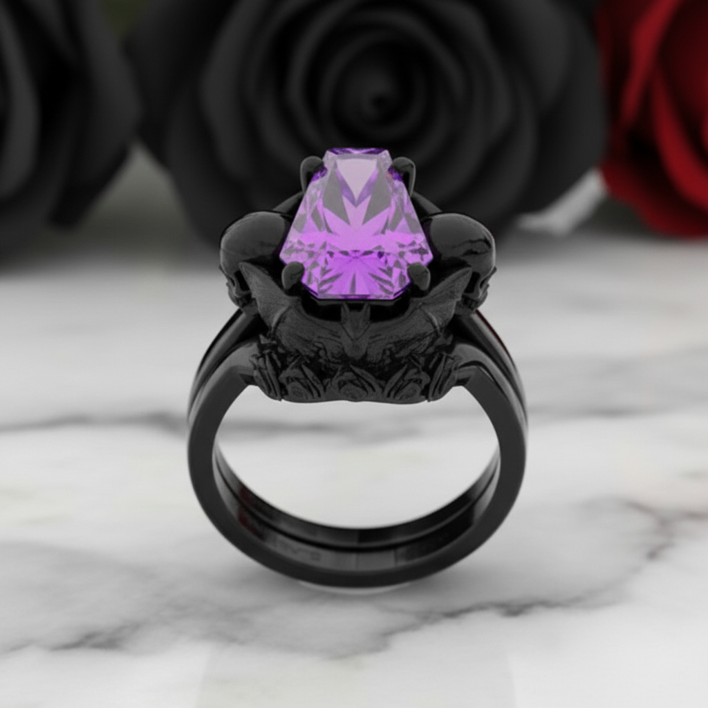 My Ever After Ring - Coffin Cut Diamond Option with Skulls, Bat and Roses Promise Ring