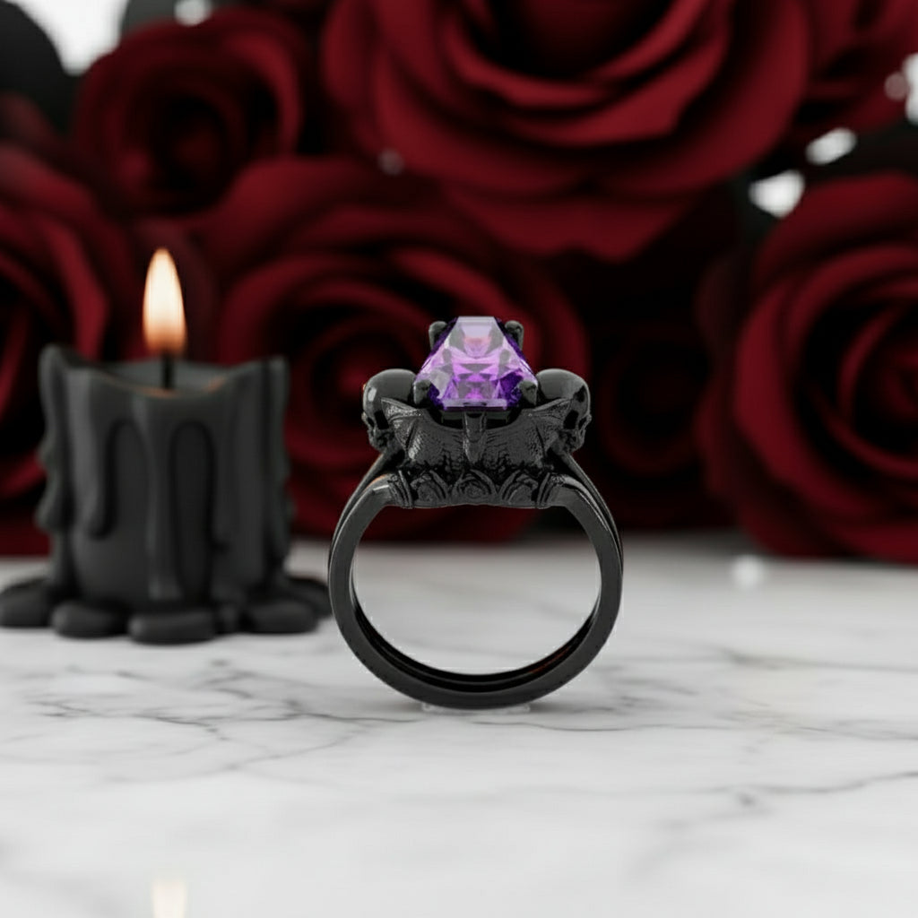 My Ever After Ring - Coffin Cut Diamond Option with Skulls, Bat and Roses Promise Ring