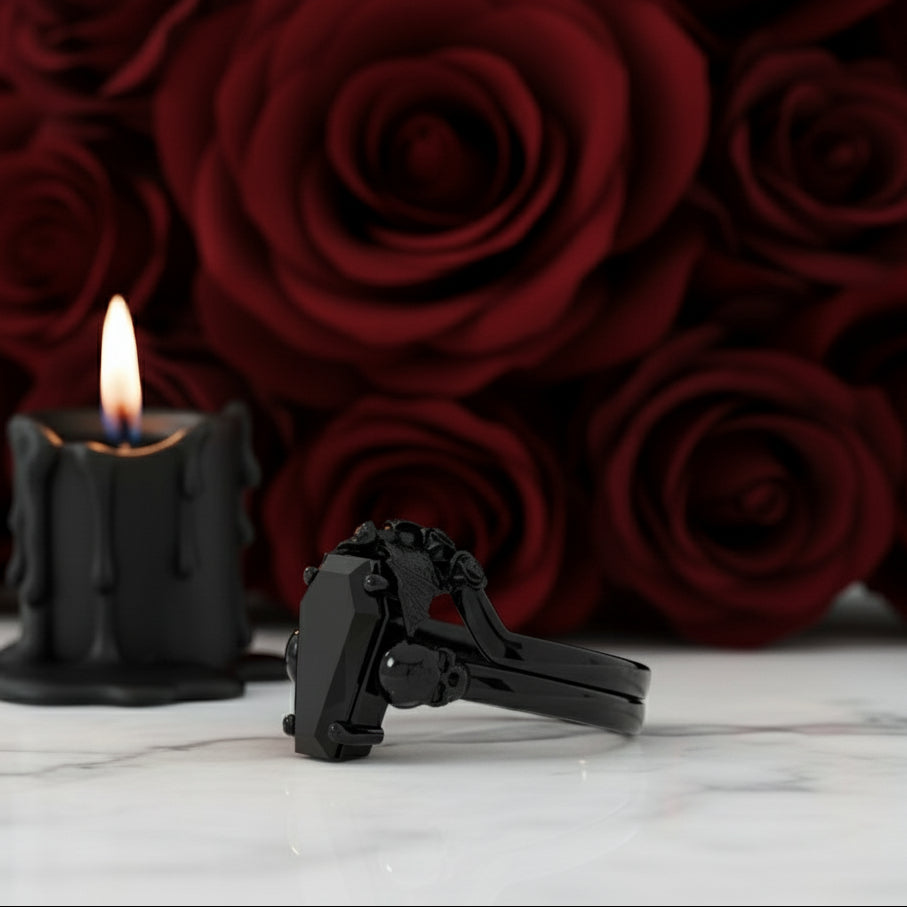 My Ever After Ring - Coffin Cut Diamond Option with Skulls, Bat and Roses Promise Ring