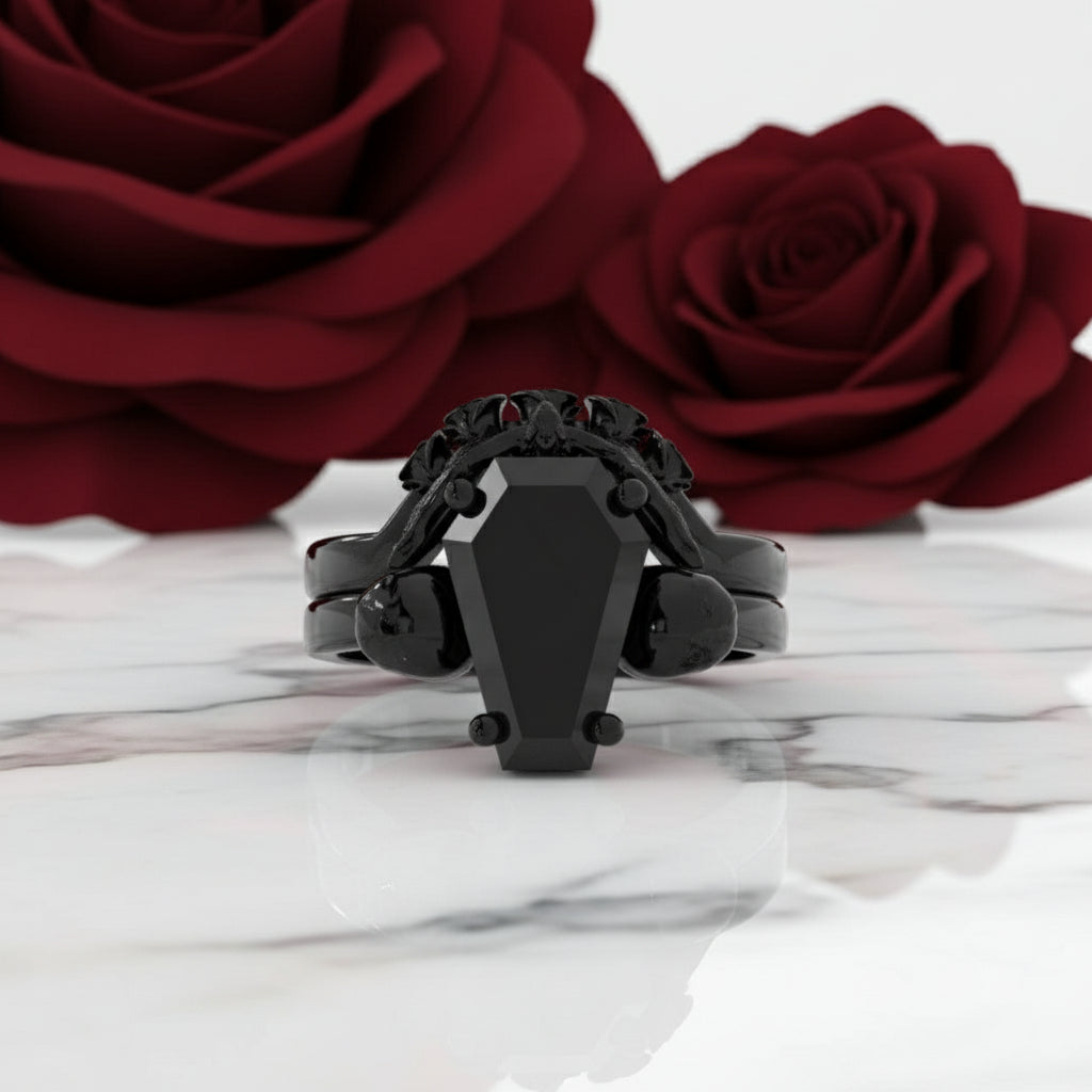My Ever After Ring - Coffin Cut Diamond Option with Skulls, Bat and Roses Promise Ring