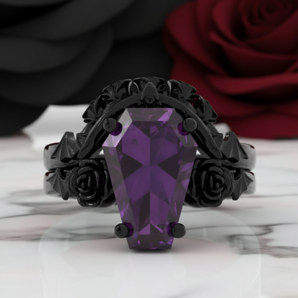 My Ever After Ring - Coffin Cut Diamond Option with Skulls, Bat and Roses Promise Ring