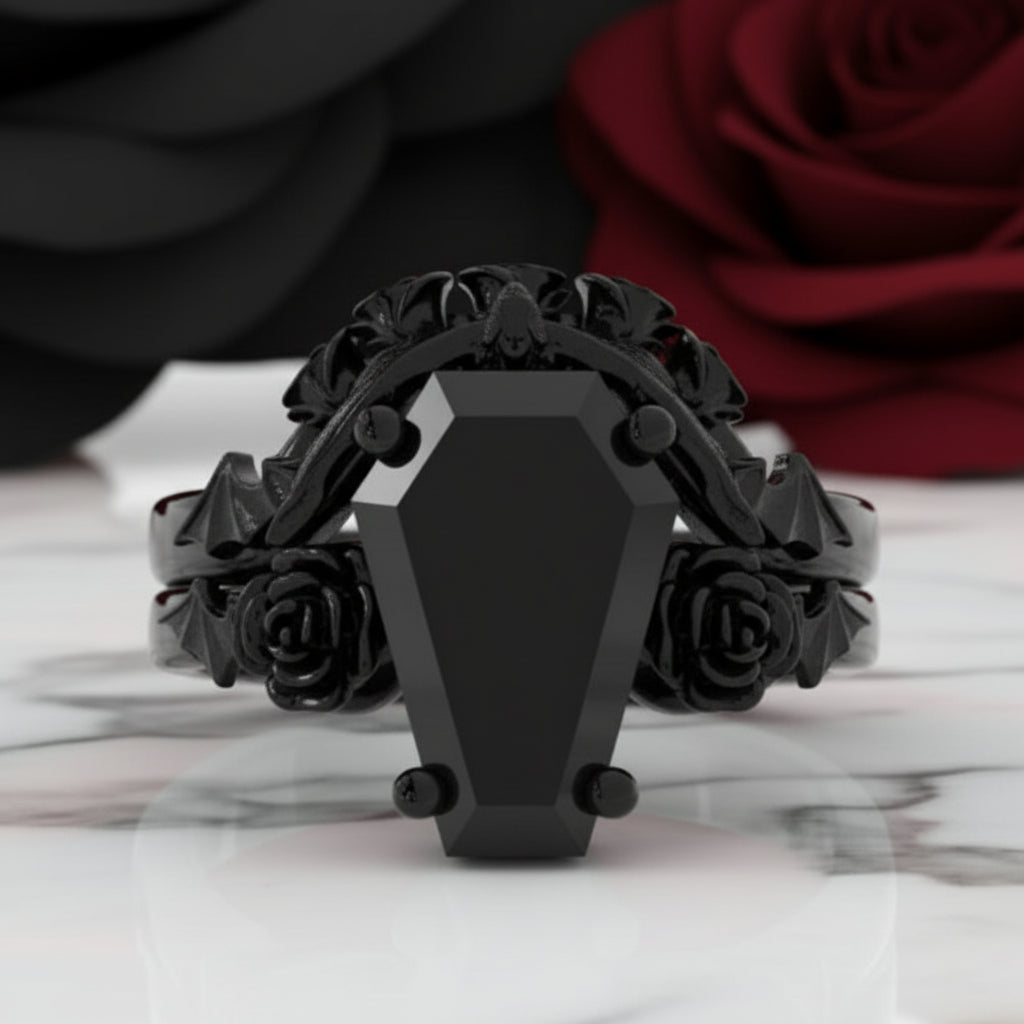 My Ever After Ring - Coffin Cut Diamond Option with Skulls, Bat and Roses Promise Ring