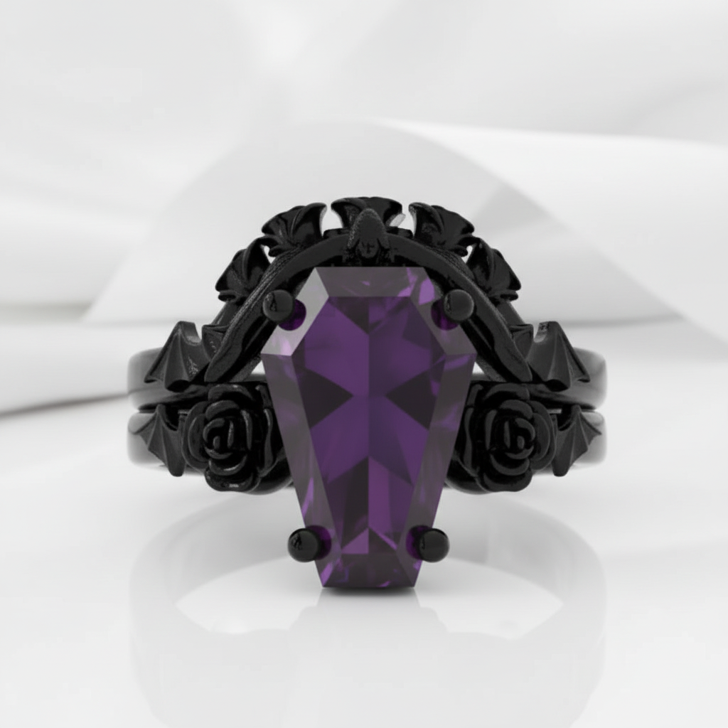 My Ever After Ring - Coffin Cut Diamond Option with Skulls, Bat and Roses Promise Ring