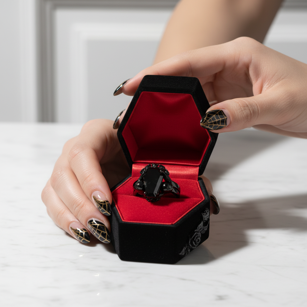 My Ever After Ring - Coffin Cut Diamond Option with Skulls, Bat and Roses Promise Ring