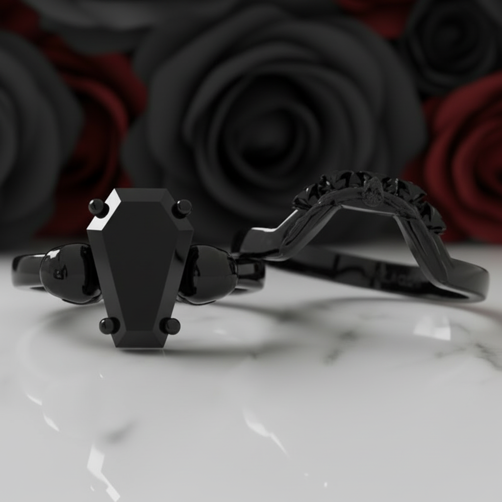 My Ever After Ring - Coffin Cut Diamond Option with Skulls, Bat and Roses Promise Ring