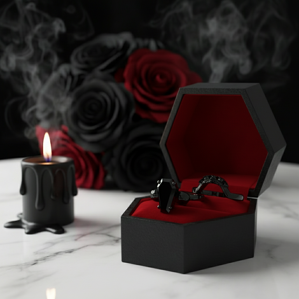 My Ever After Ring - Coffin Cut Diamond Option with Skulls, Bat and Roses Promise Ring