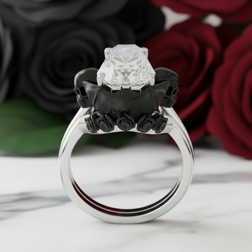 My Ever After Ring with Coffin Cut Diamond Option with Skulls, Bat and Roses Promise Ring