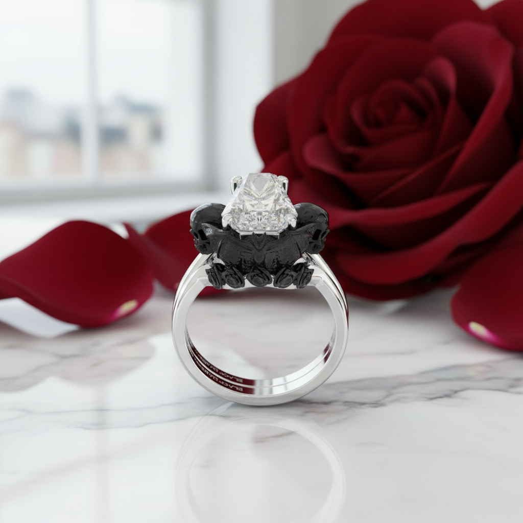 My Ever After Ring - Coffin Cut Diamond Option with Skulls, Bat and Roses Promise Ring