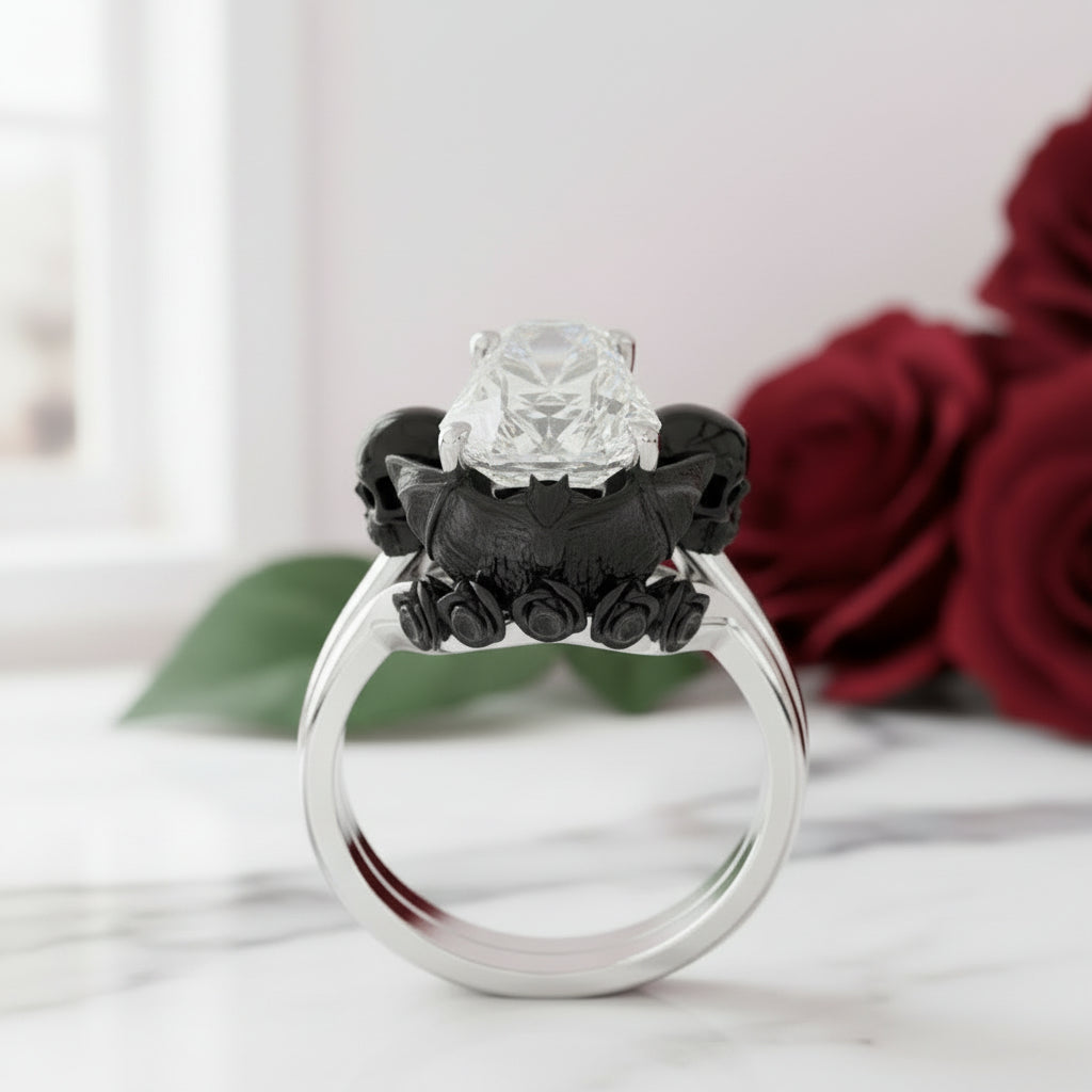 My Ever After Ring - Coffin Cut Diamond Option with Skulls, Bat and Roses Promise Ring