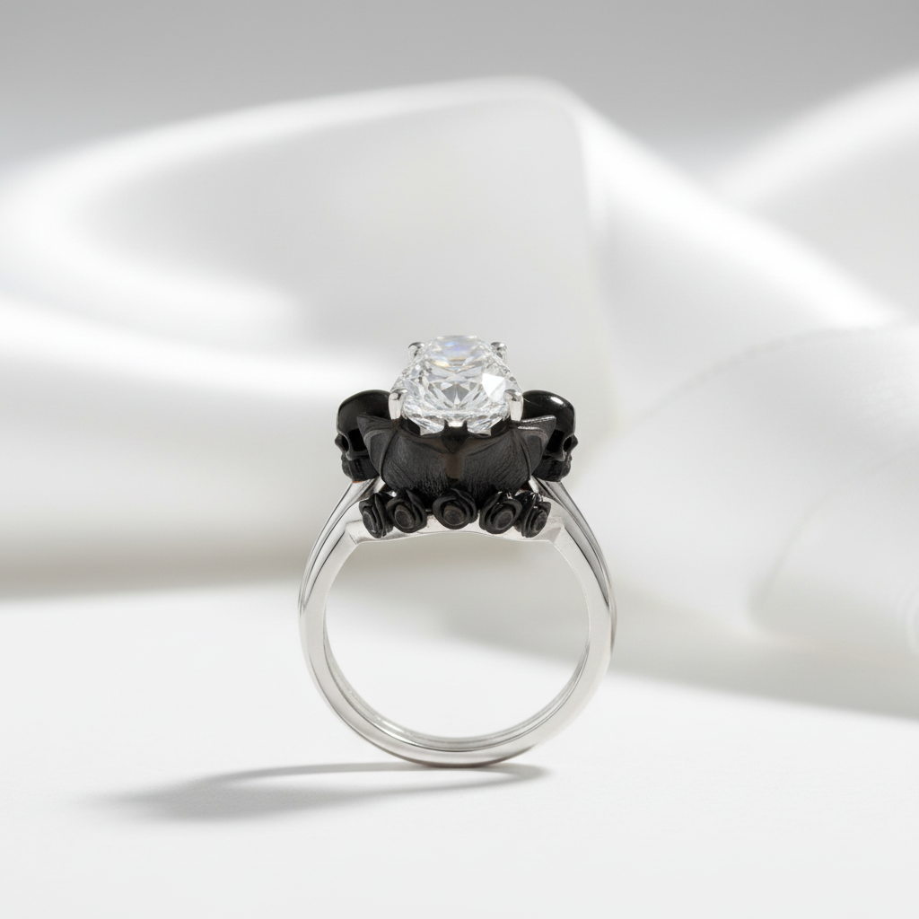 My Ever After Ring with Coffin Cut Diamond Option with Skulls, Bat and Roses Promise Ring