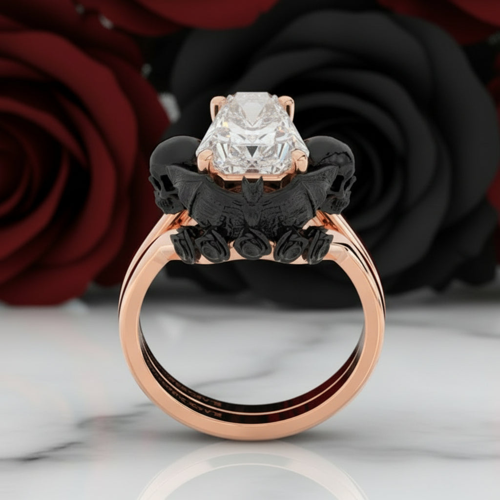 My Ever After Ring - Coffin Cut Diamond Option with Skulls, Bat and Roses Promise Ring