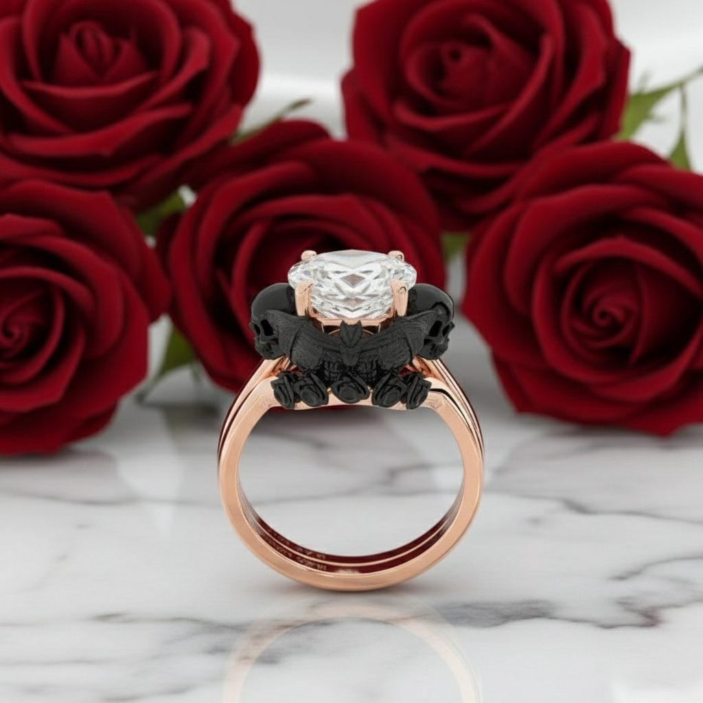 My Ever After Ring - Coffin Cut Diamond Option with Skulls, Bat and Roses Promise Ring