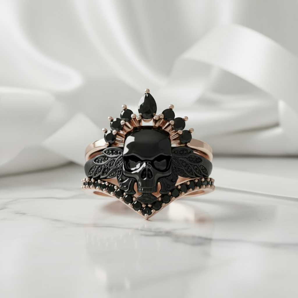My Queen- 3pc Rose Gold Black Diamond Option Gothic Ring