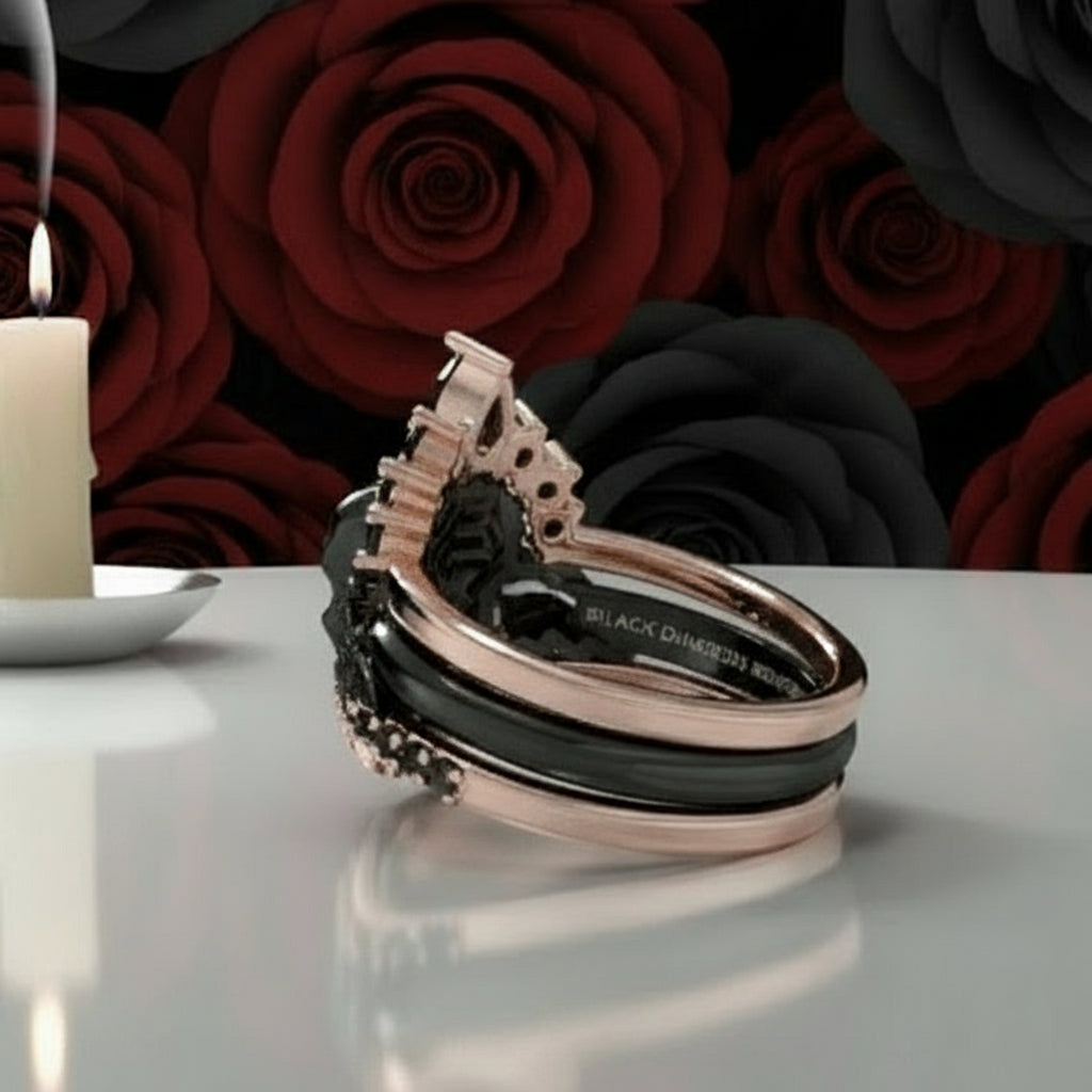 My Queen- 3pc Rose Gold Black Diamond Option Gothic Ring