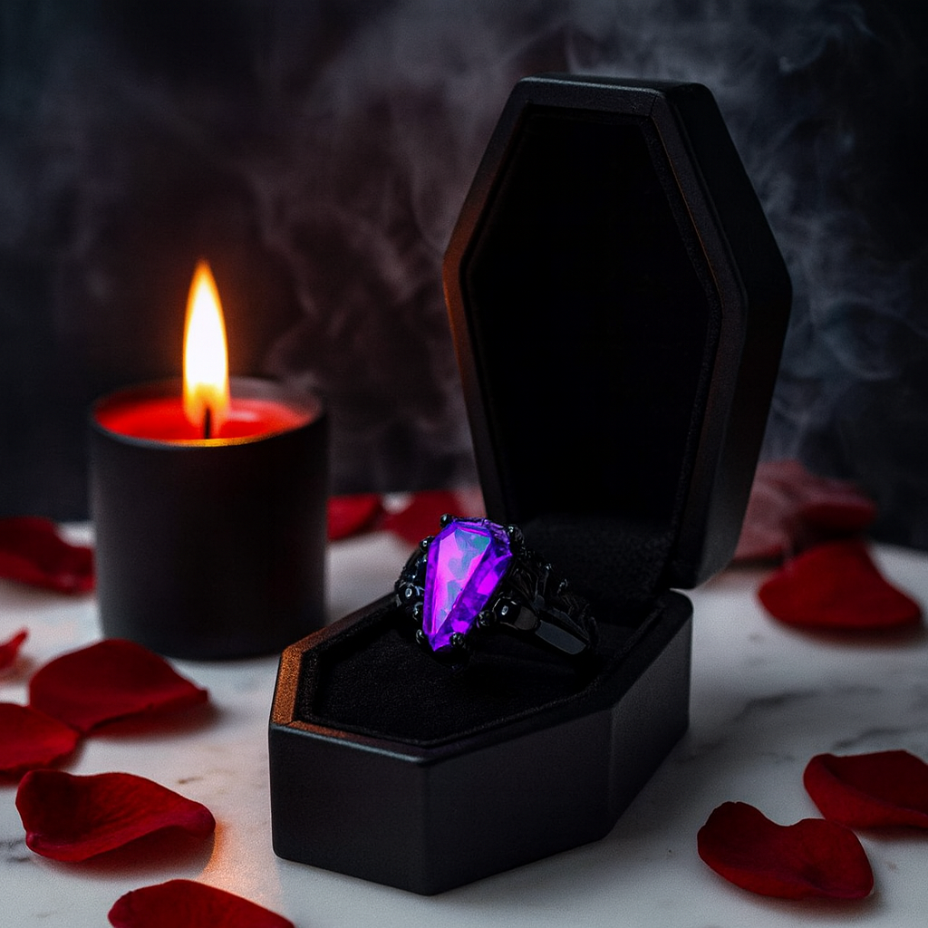 My Ever After Ring - Coffin Cut Diamond Option with Skulls, Bat and Roses Promise Ring