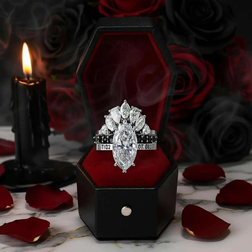 Ride or Die Wedding Rings- 2.5 Ct Marquise Cut Diamond Option Gothic Bridal Set in 14k White Gold