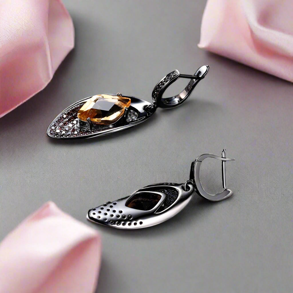 Natural Citrine Gemstone Gothic Drop Earrings