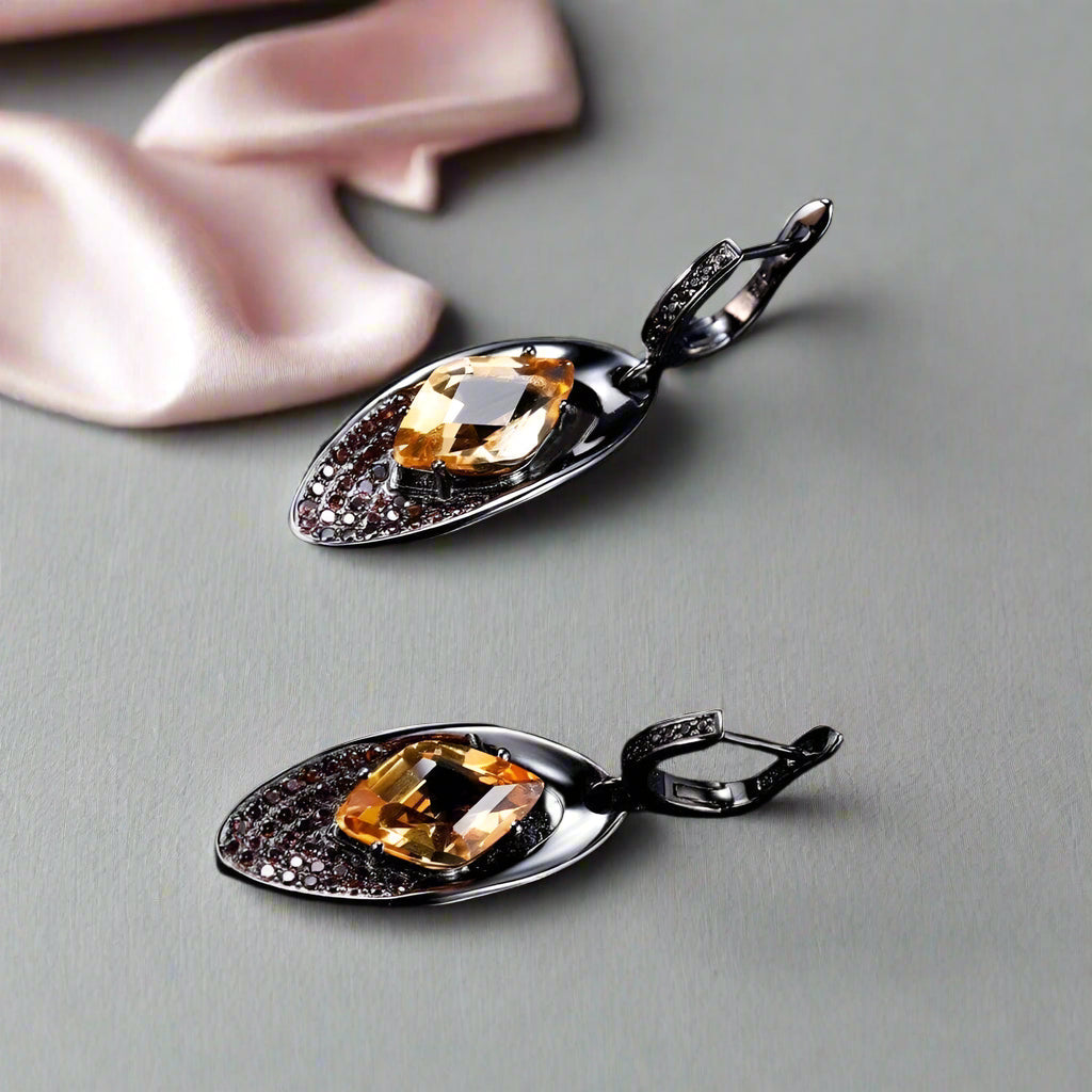 Natural Citrine Gemstone Gothic Drop Earrings