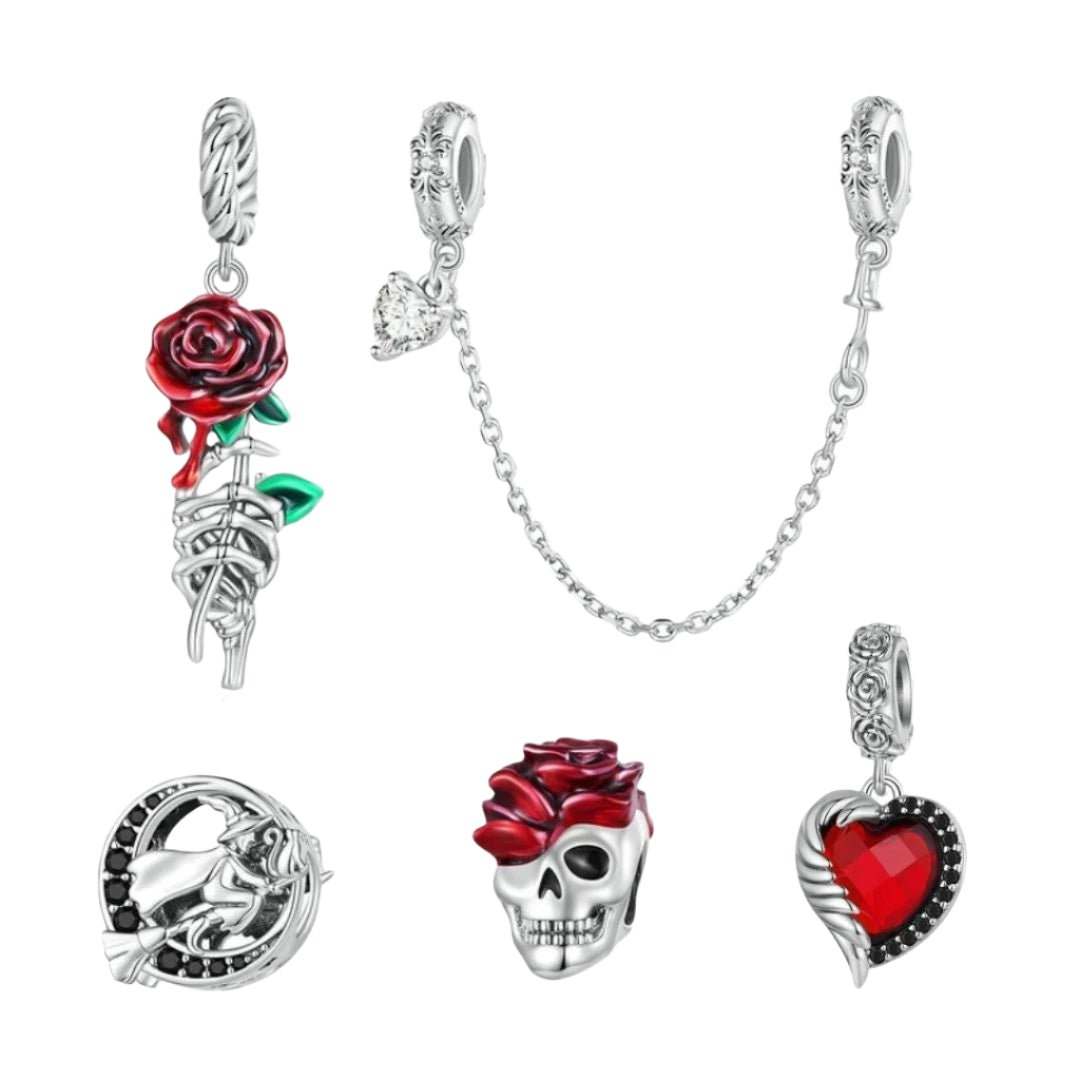 Neo-Gothic Skull & Enamel Blood Roses Charms