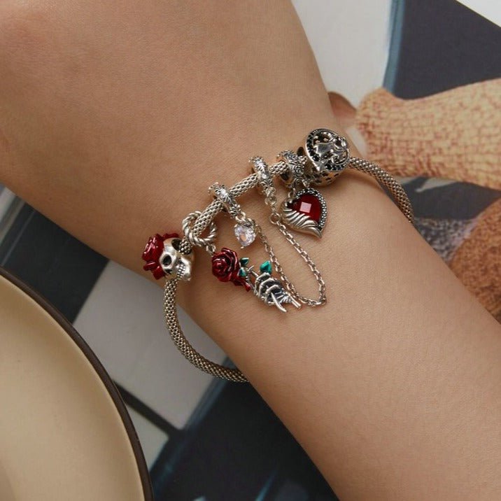 Neo-Gothic Skull & Enamel Blood Roses Charms