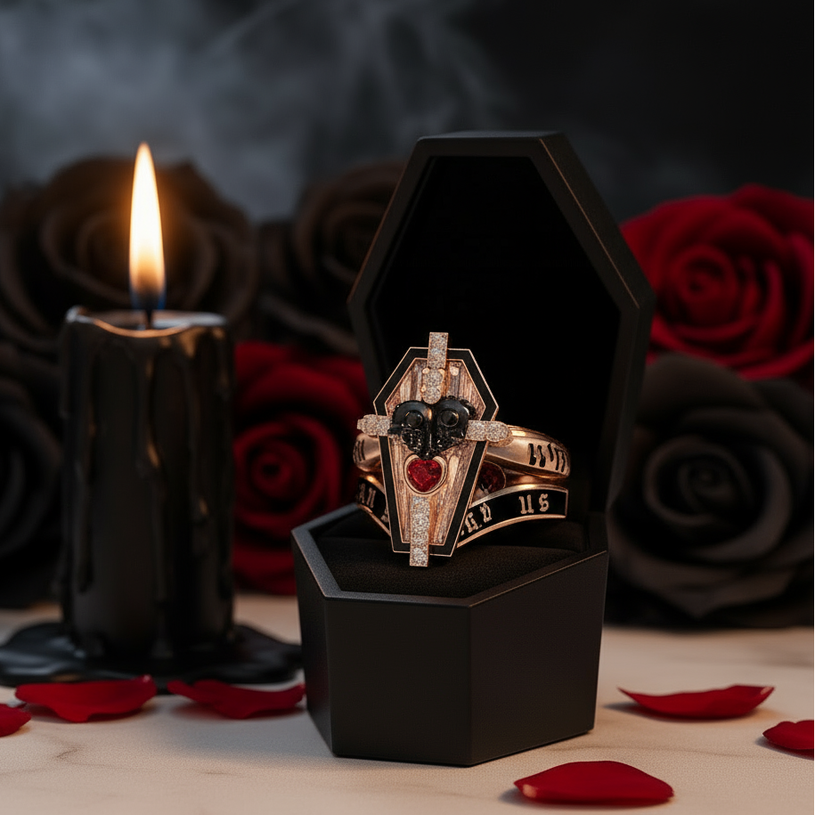 Only Death Can Separate Us Coffin Cut Diamond Option Wedding Rings