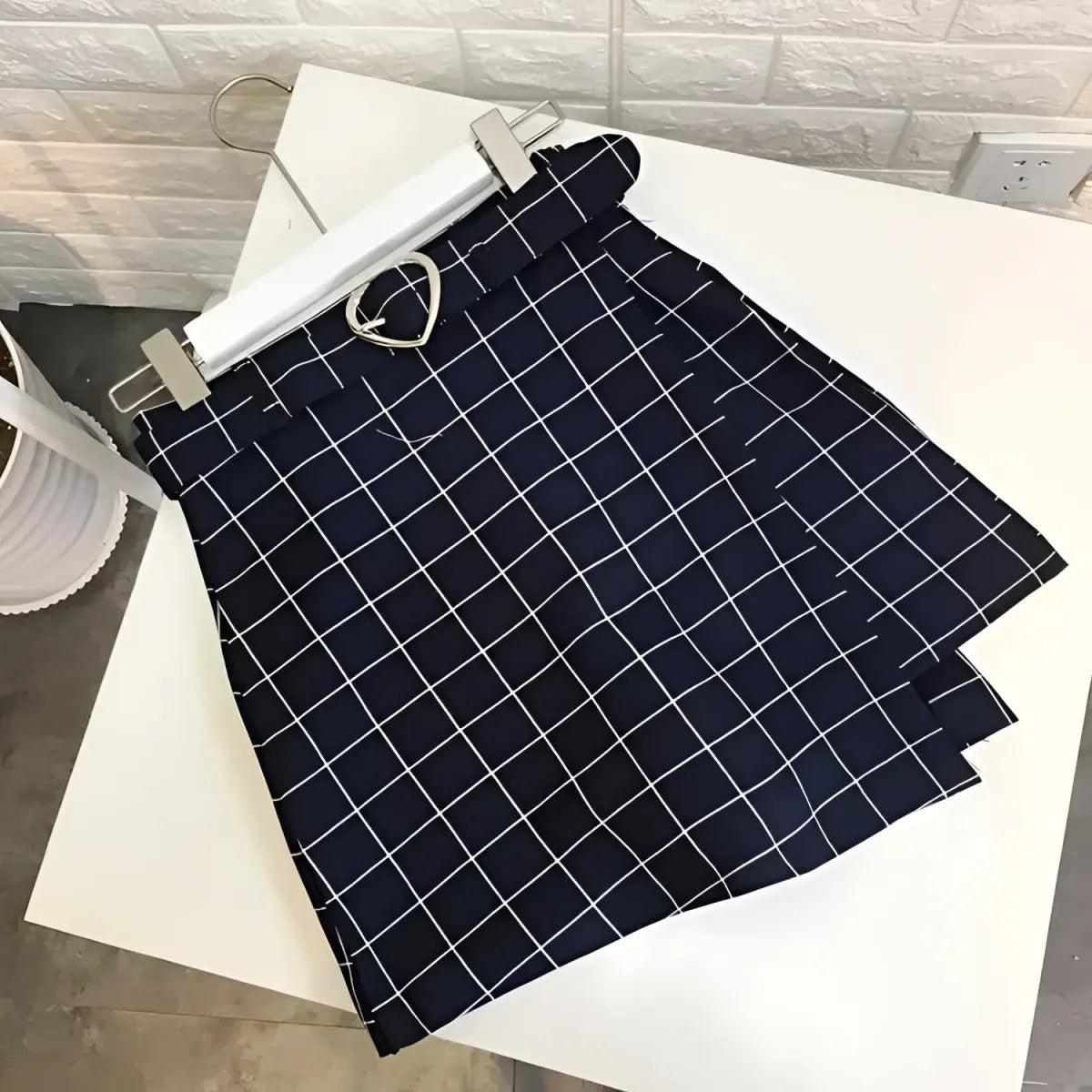 Plaid A-Line Mini Skirt with Heart Buckle