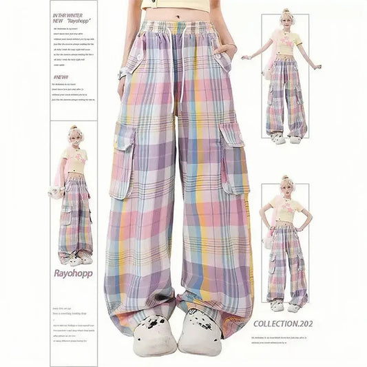 Pastel Plaid Cargo Pants – Y2K Harajuku Streetwear Aesthetic