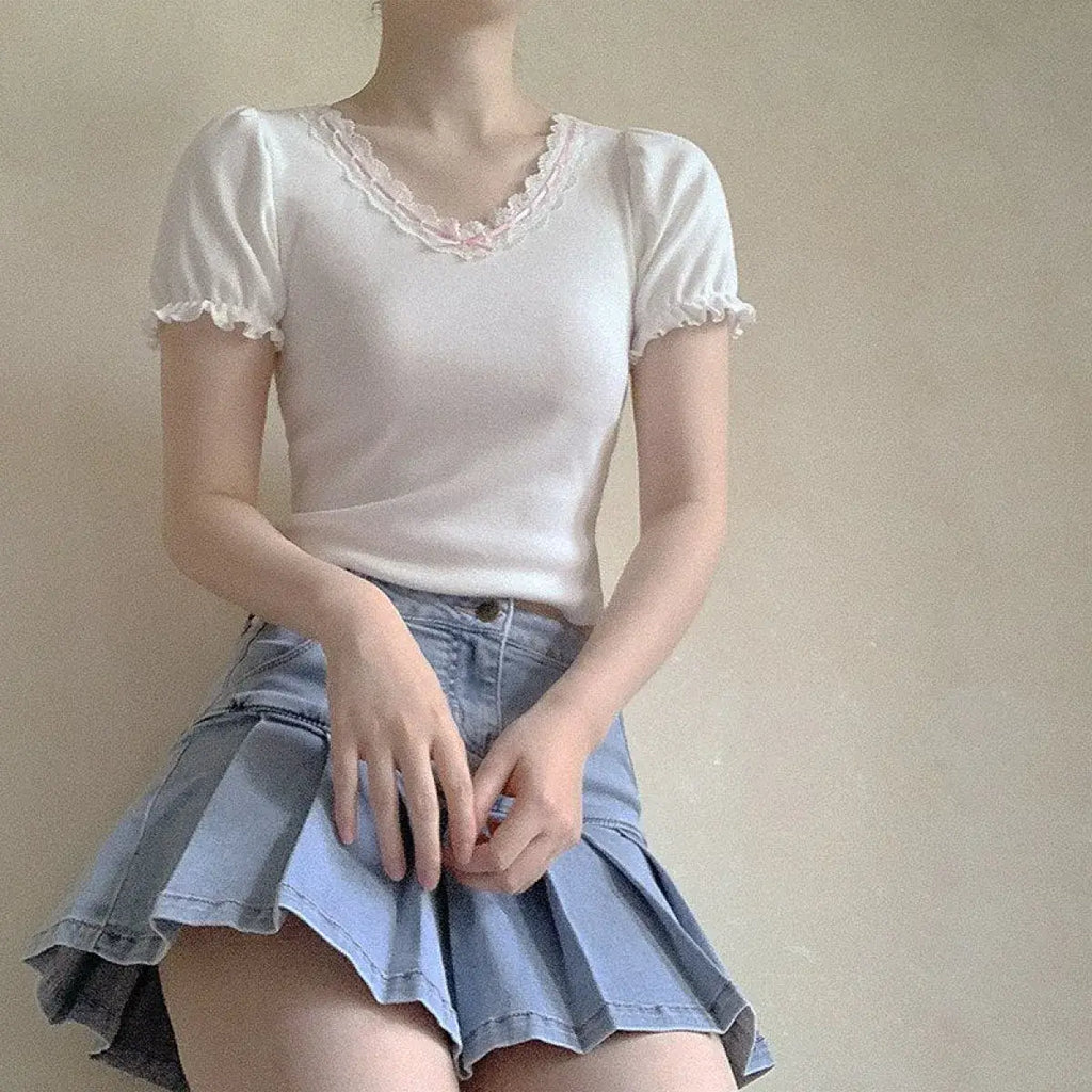 Ribbon Lace Trim Puff Sleeve T-Shirt