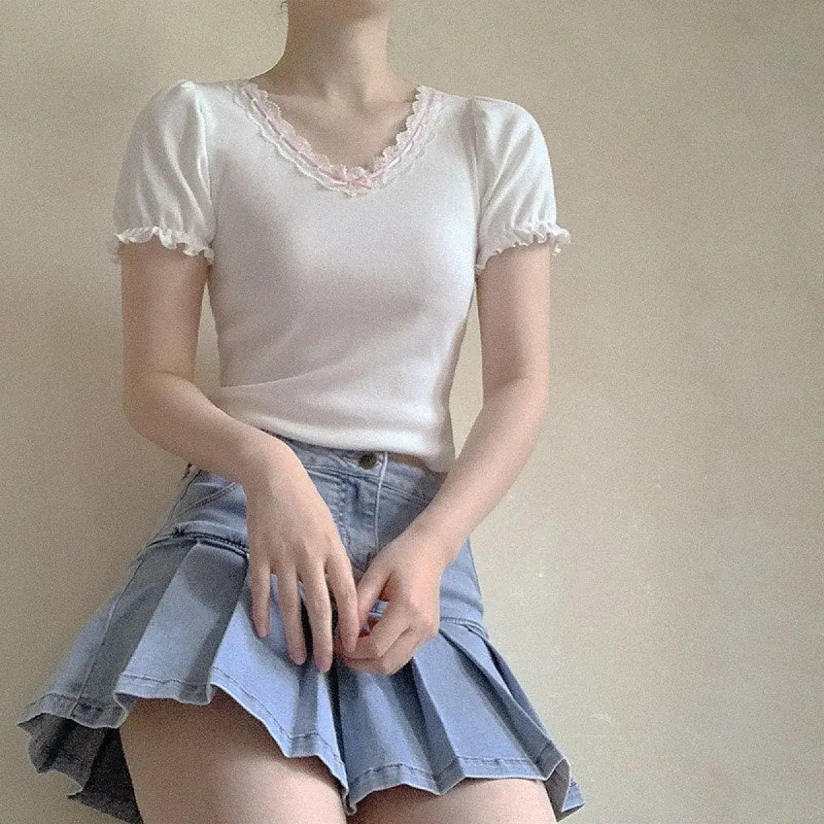 Ribbon Lace Trim Puff Sleeve T-Shirt
