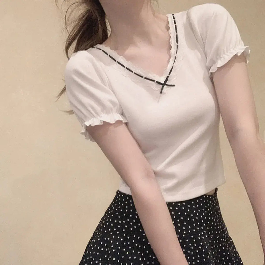 Ribbon Lace Trim Puff Sleeve T-Shirt