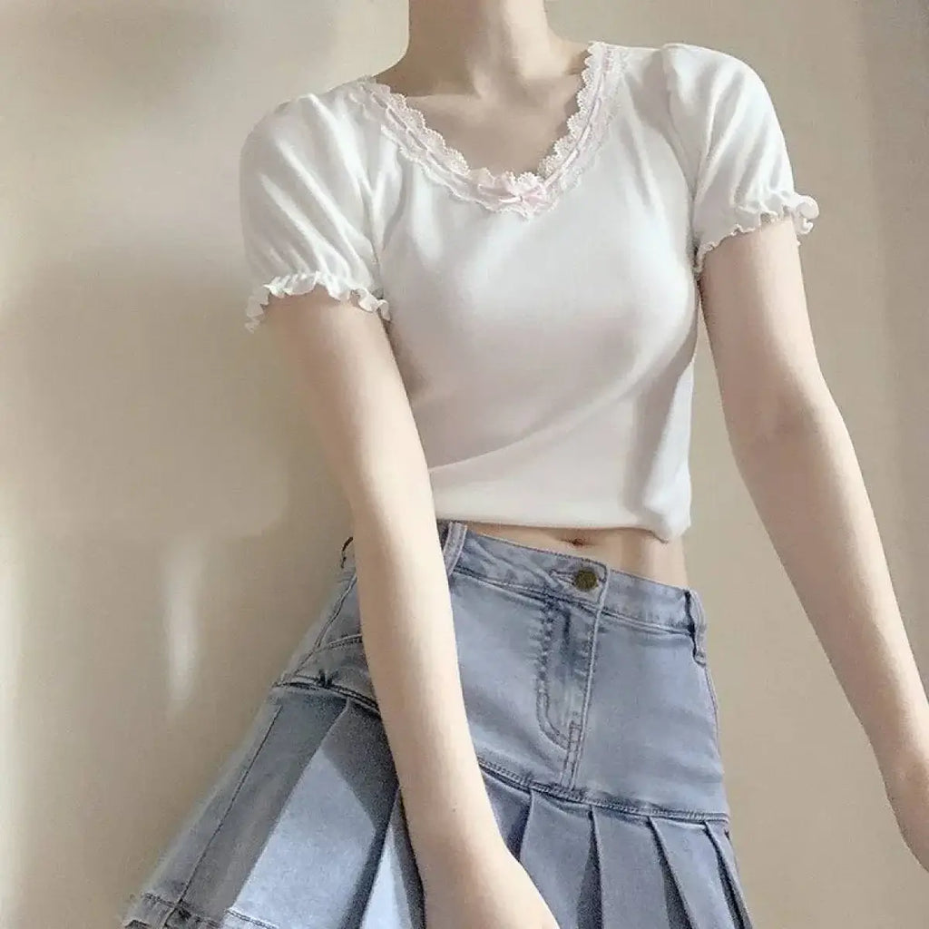 Ribbon Lace Trim Puff Sleeve T-Shirt