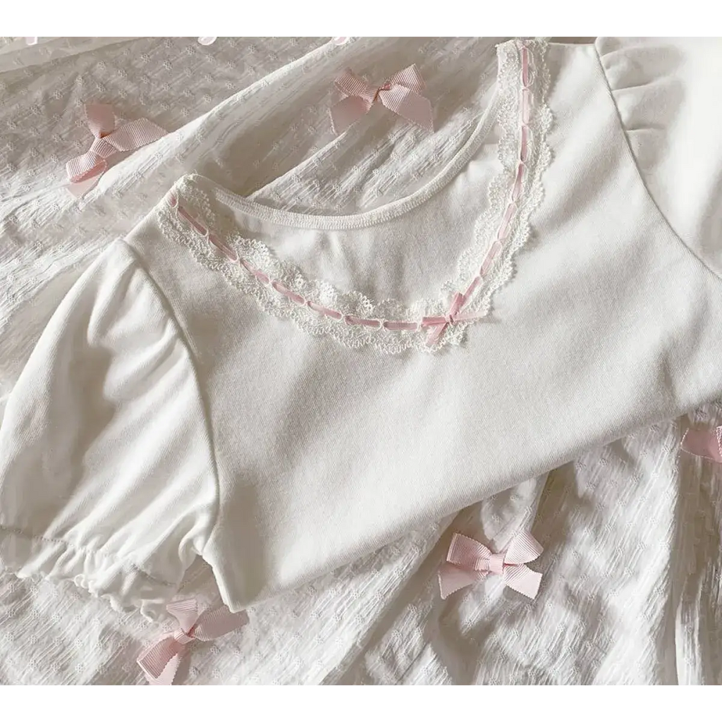 Ribbon Lace Trim Puff Sleeve T-Shirt