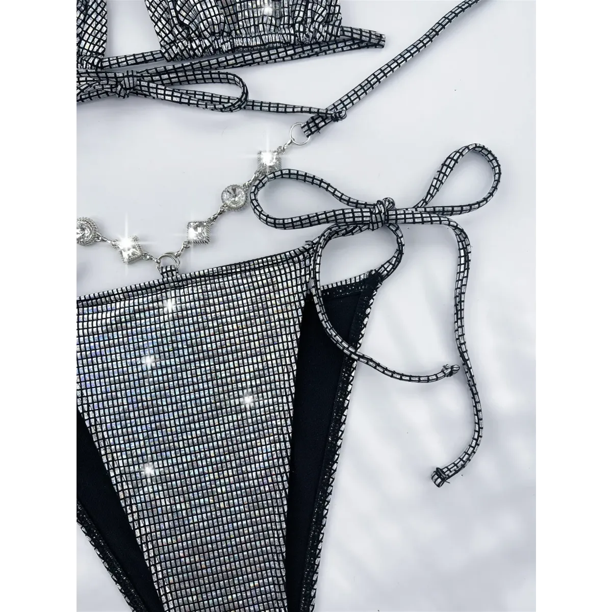 Rhinestone Halter Bikini Set – Glitter Tie Thong Swimwear