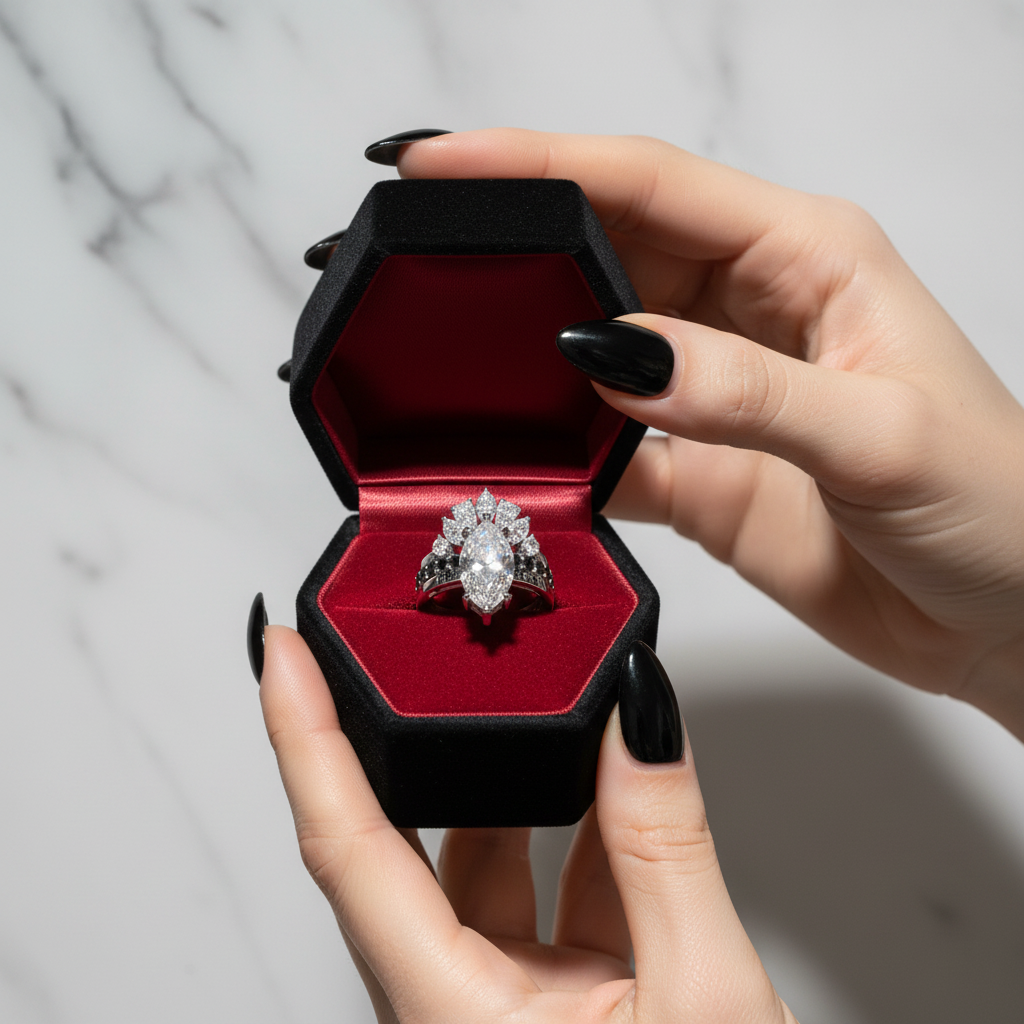 Ride or Die Wedding Rings- 2.5 Ct Marquise Cut Diamond Option Gothic Bridal Set in 14k White Gold
