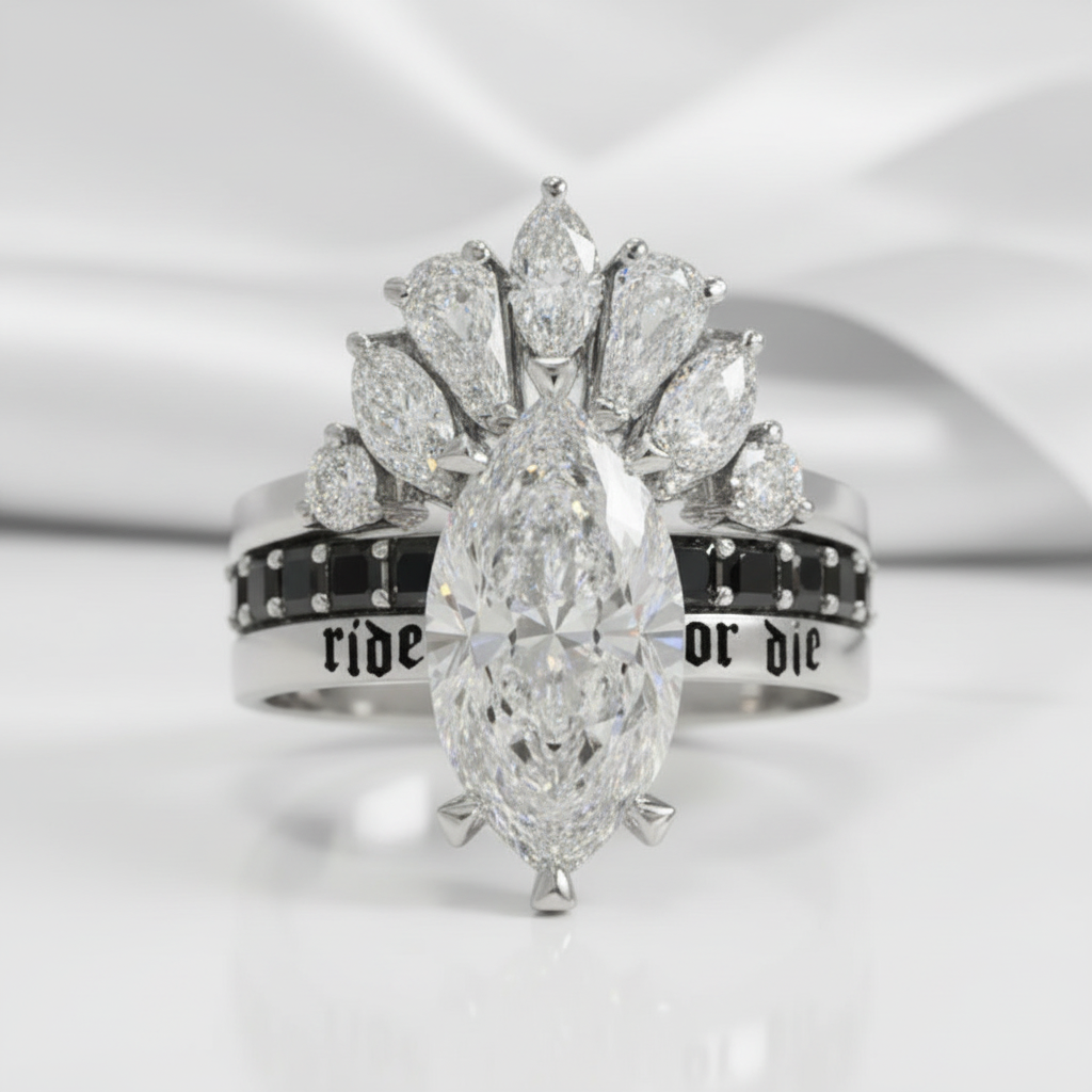 Ride or Die Wedding Rings- 2.5 Ct Marquise Cut Diamond Option Gothic Bridal Set in 14k White Gold