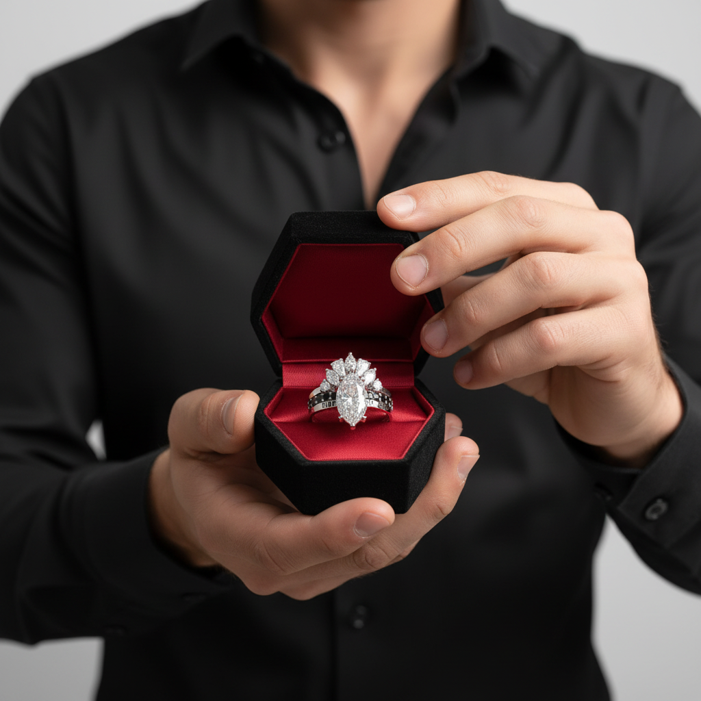 Ride or Die Wedding Rings- 2.5 Ct Marquise Cut Diamond Option Gothic Bridal Set in 14k White Gold