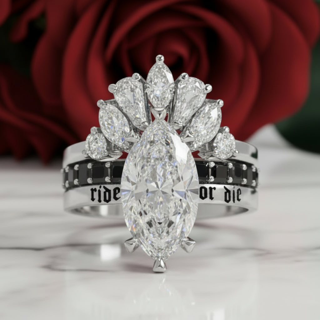 Ride or Die Wedding Rings- 2.5 Ct Marquise Cut Diamond Option Gothic Bridal Set in 14k White Gold