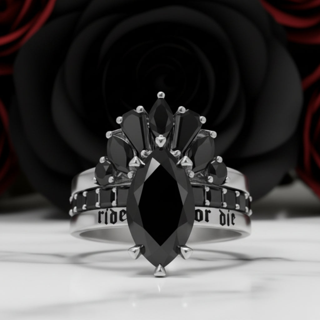 Ride or Die Wedding Rings- 2.5 Ct Marquise Cut Diamond Option Gothic Bridal Set in 14k White Gold