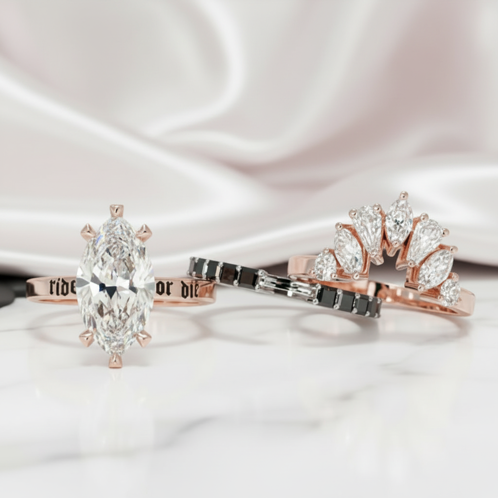 Ride or Die Wedding Rings- 2.5 Ct Marquise Cut Diamond Option Gothic Bridal Set in 14k White Gold