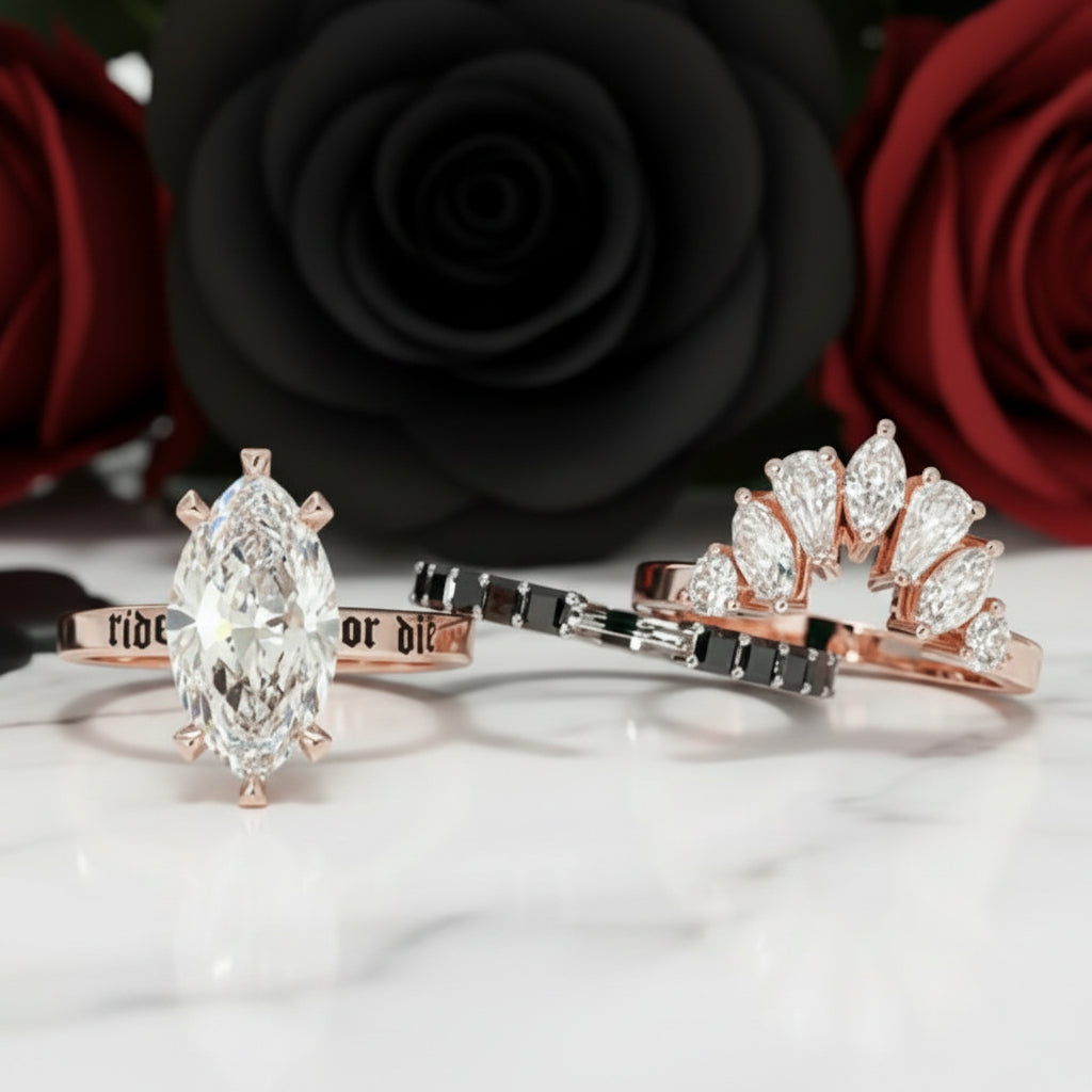 Ride or Die Wedding Rings- 2.5 Ct Marquise Cut Diamond Option Gothic Bridal Set in 14k White Gold