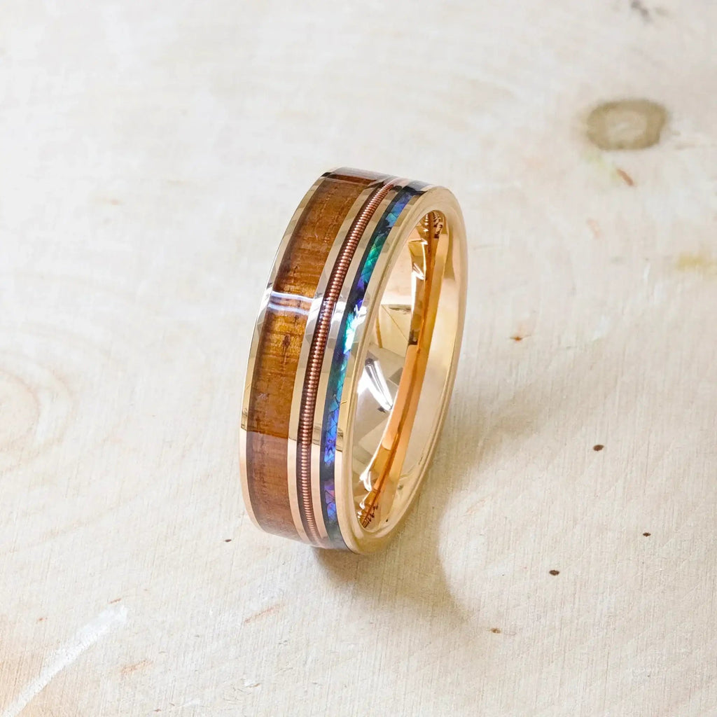 MOANA Smoked Rose Gold Tungsten Ring with Hawaiian Koa Wood, Abalone Shell & Guitar String – 8mm