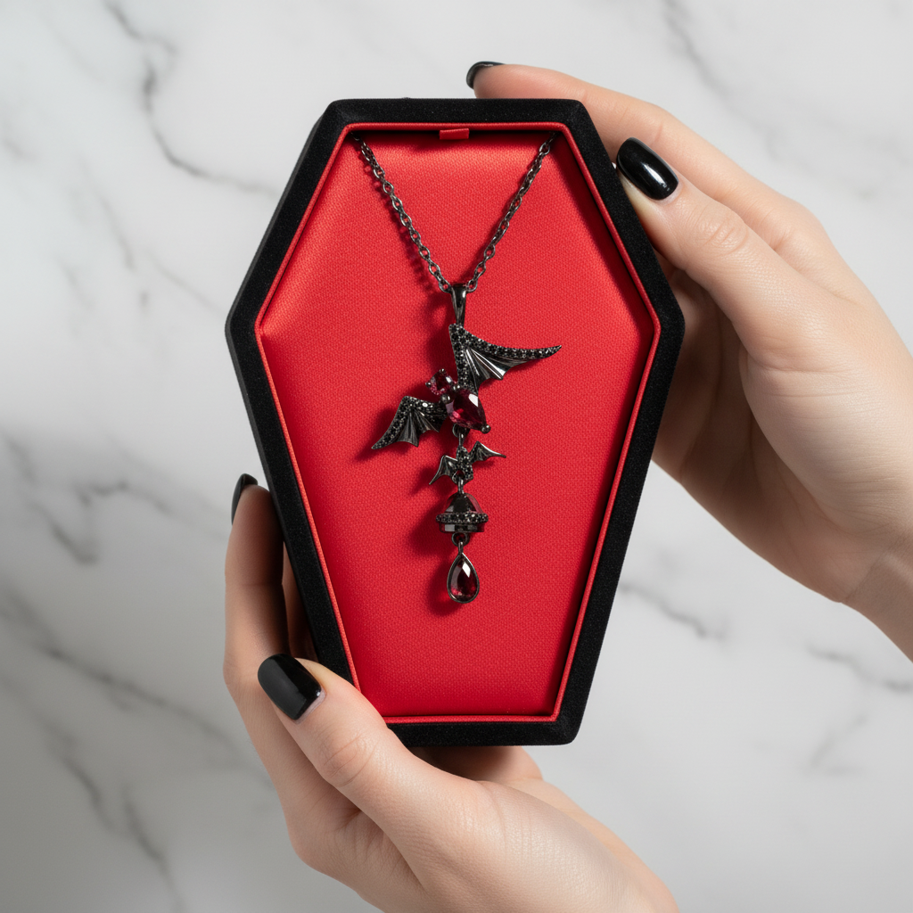 Bat Shaped Garnet Vintage Gothic Punk Necklace